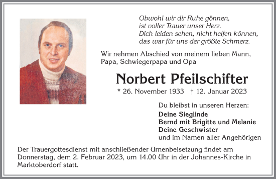 Traueranzeige von Norbert Pfeilschifter von Allgäuer Zeitung, Marktoberdorf