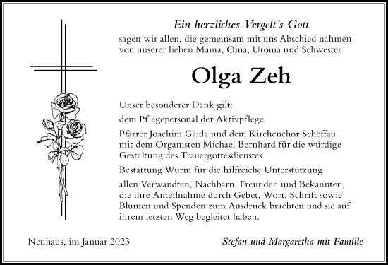 Traueranzeige von Olga Zeh von Der Westallgäuer