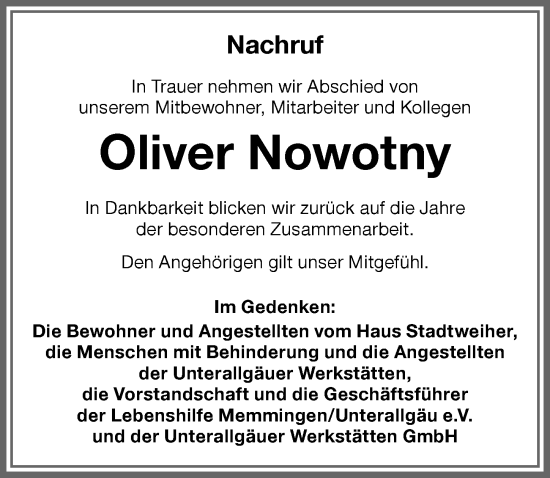 Traueranzeige von Oliver Nowotny von Memminger Zeitung