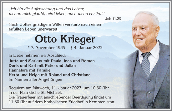 Traueranzeige von Otto Krieger von Allgäuer Zeitung,Kempten