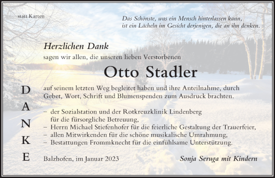 Traueranzeige von Otto Stadler von Der Westallgäuer