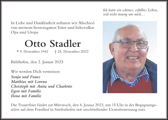 Traueranzeige von Otto Stadler von Der Westallgäuer
