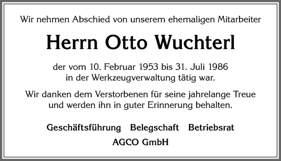 Traueranzeige von Otto Wuchterl von Allgäuer Zeitung, Marktoberdorf