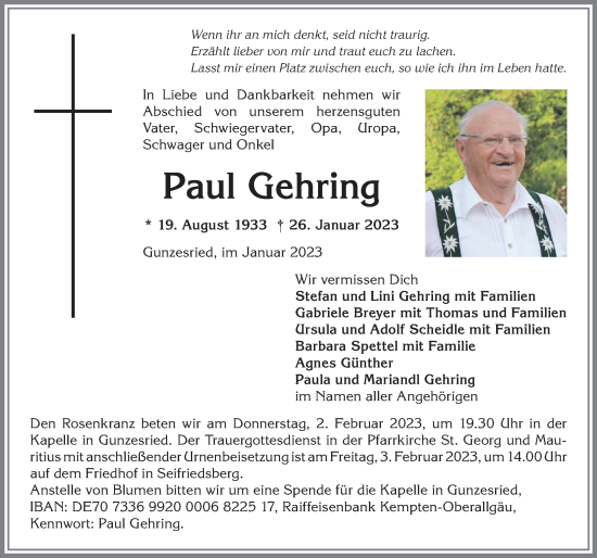 Traueranzeige von Paul Gehring von Allgäuer Anzeigeblatt