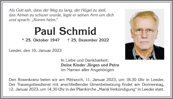 Traueranzeige von Paul Schmid von Allgäuer Zeitung, Kaufbeuren/Buchloe