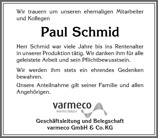 Traueranzeige von Paul Schmid von Landsberger Tagblatt, Augsburger Allgemeine