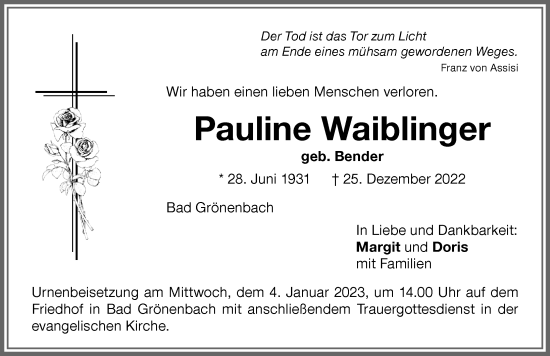Traueranzeige von Pauline Waiblinger von Memminger Zeitung