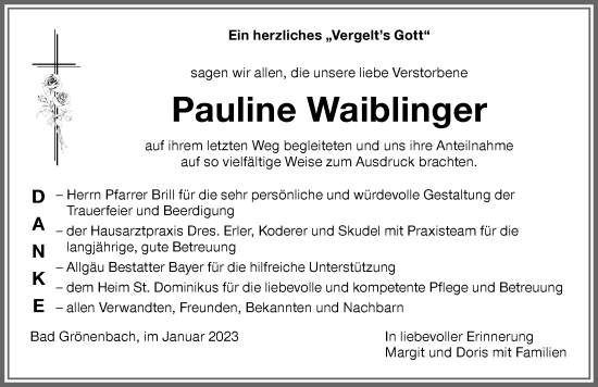 Traueranzeige von Pauline Waiblinger von Memminger Zeitung