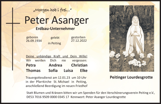 Traueranzeige von Peter Asanger von Allgäuer Zeitung, Füssen