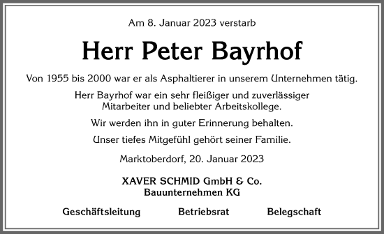 Traueranzeige von Peter Bayrhof von Allgäuer Zeitung, Marktoberdorf