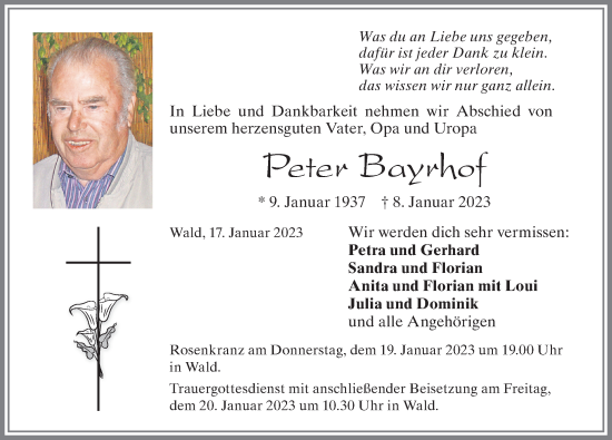 Traueranzeige von Peter Bayrhof von Allgäuer Zeitung, Marktoberdorf