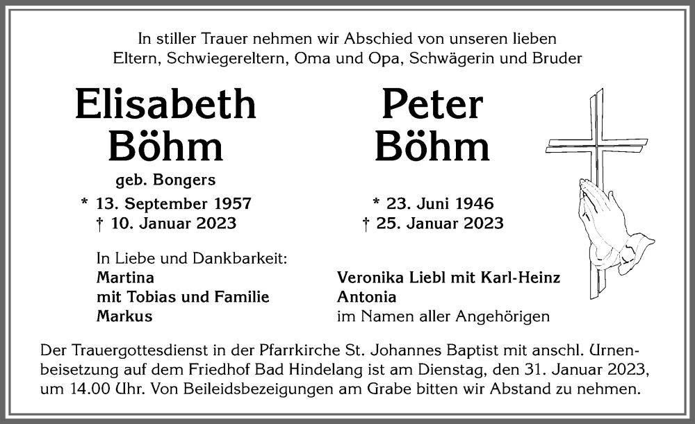  Traueranzeige für Peter Böhm vom 27.01.2023 aus Allgäuer Anzeigeblatt