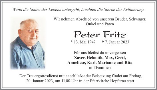 Traueranzeige von Peter Fritz von Allgäuer Zeitung, Füssen