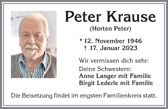 Traueranzeige von Peter Krause von Allgäuer Zeitung,Kempten