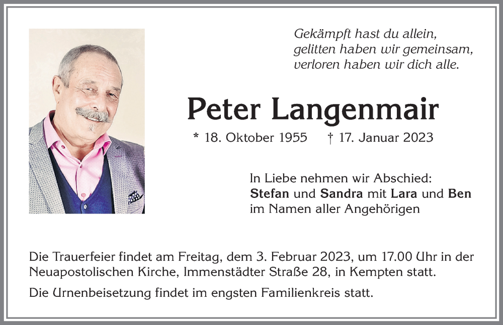  Traueranzeige für Peter Langenmair vom 28.01.2023 aus Allgäuer Zeitung,Kempten