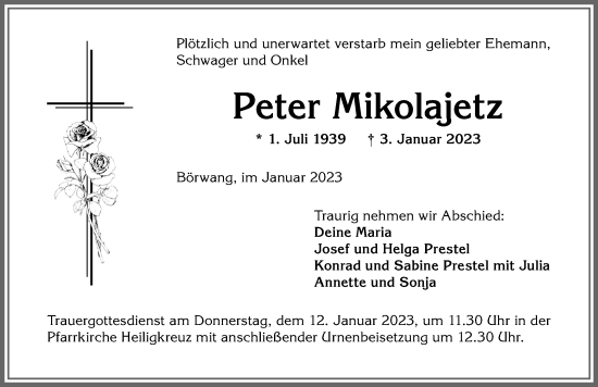 Traueranzeige von Peter Mikolajetz von Allgäuer Zeitung,Kempten