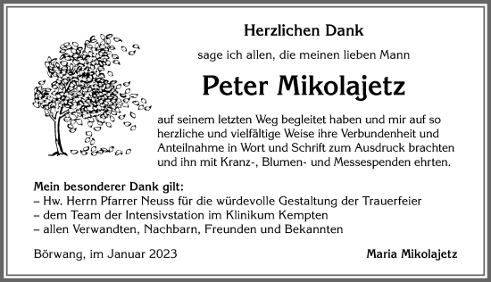 Traueranzeige von Peter Mikolajetz von Allgäuer Zeitung,Kempten