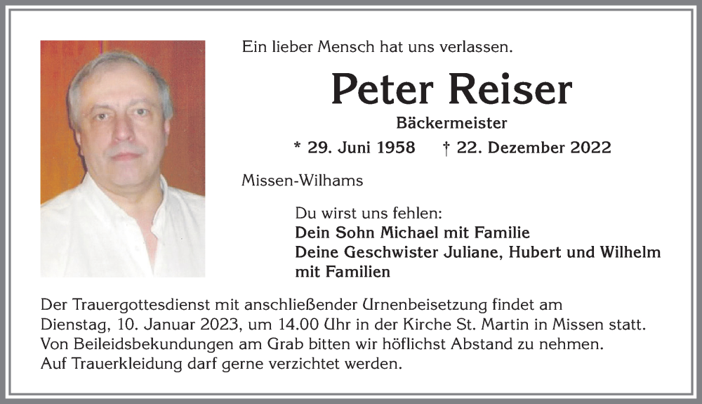  Traueranzeige für Peter Reiser vom 05.01.2023 aus Allgäuer Zeitung,Kempten