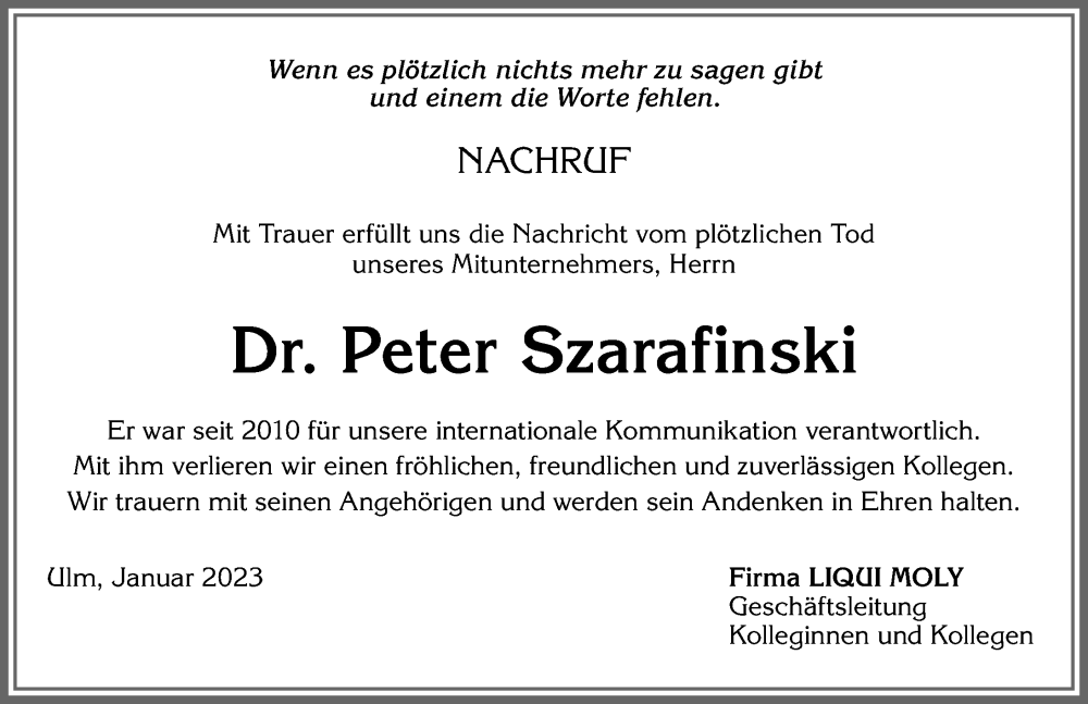  Traueranzeige für Peter Szarafinski vom 17.01.2023 aus Allgäuer Zeitung, Füssen