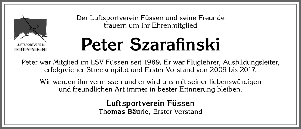  Traueranzeige für Peter Szarafinski vom 17.01.2023 aus Allgäuer Zeitung, Füssen