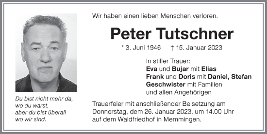 Traueranzeige von Peter Tutschner von Memminger Zeitung