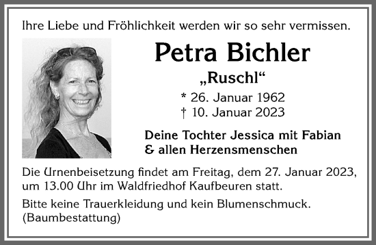 Traueranzeige von Petra Bichler von Allgäuer Zeitung, Kaufbeuren/Buchloe