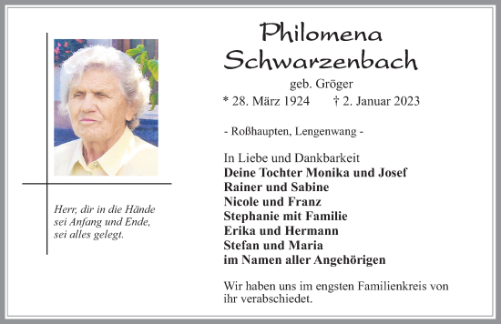 Traueranzeige von Philomena Schwarzenbach von Allgäuer Zeitung, Füssen