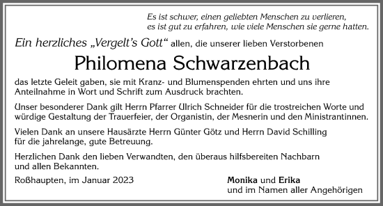 Traueranzeige von Philomena Schwarzenbach von Allgäuer Zeitung, Füssen