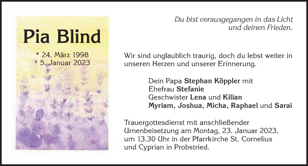  Traueranzeige für Pia Blind vom 20.01.2023 aus Allgäuer Zeitung,Kempten