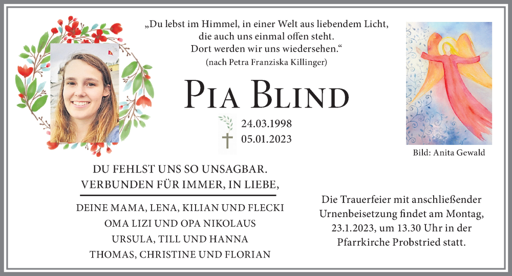  Traueranzeige für Pia Blind vom 20.01.2023 aus Allgäuer Zeitung,Kempten