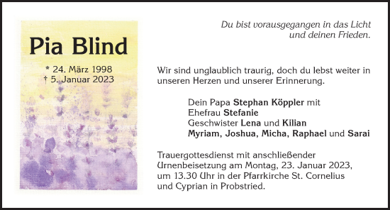 Traueranzeige von Pia Blind von Allgäuer Zeitung,Kempten