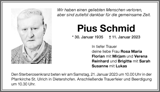 Traueranzeige von Pius Schmid von Memminger Zeitung