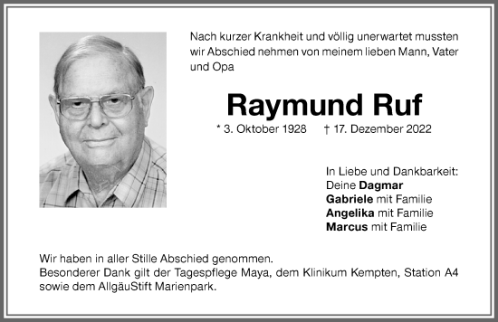 Traueranzeige von Raymund Ruf von Allgäuer Zeitung,Kempten