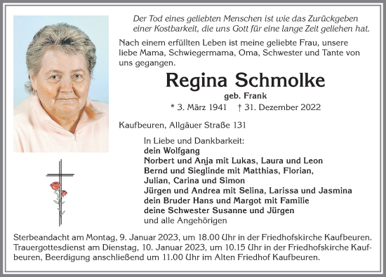 Traueranzeige von Regina Schmolke von Allgäuer Zeitung, Kaufbeuren/Buchloe