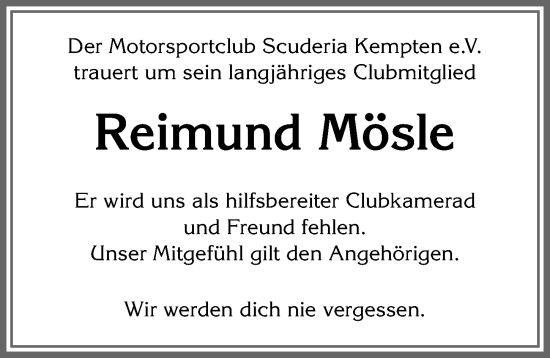 Traueranzeige von Reimund Mösle von Allgäuer Zeitung,Kempten