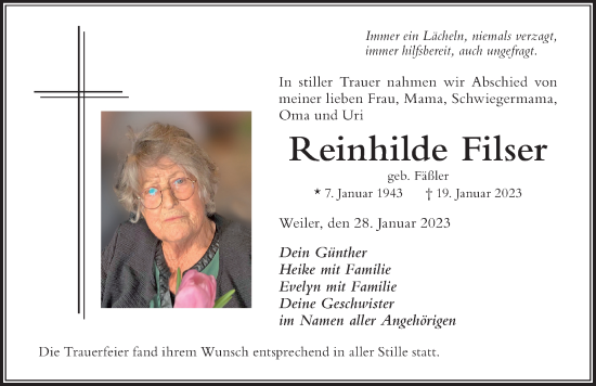 Traueranzeige von Reinhilde Filser von Der Westallgäuer