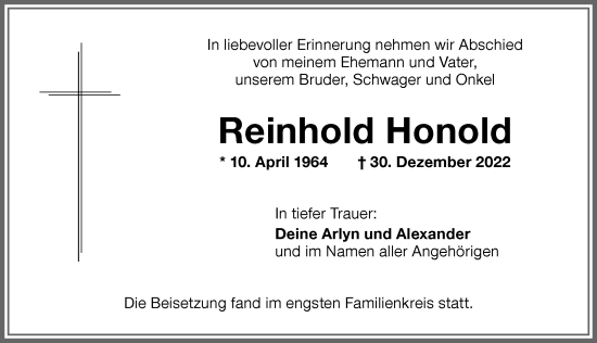 Traueranzeige von Reinhold Honold von Memminger Zeitung