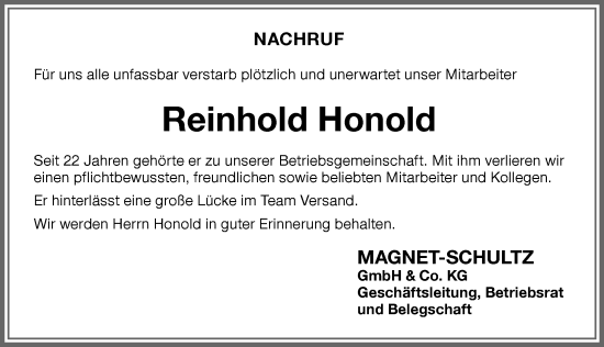 Traueranzeige von Reinhold Honold von Memminger Zeitung