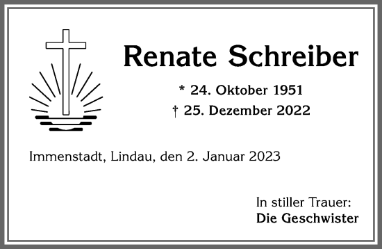 Traueranzeige von Renate Schreiber von Allgäuer Anzeigeblatt