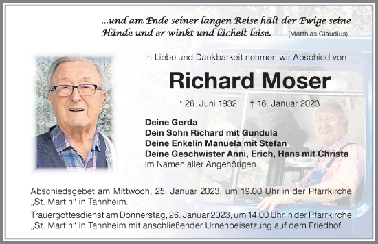 Traueranzeige von Richard Moser von Memminger Zeitung