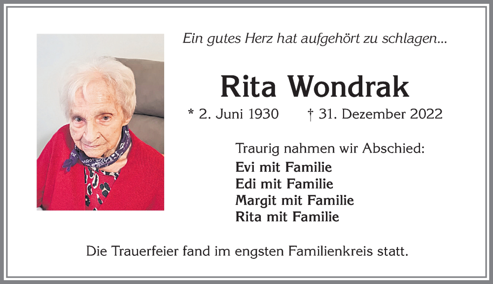  Traueranzeige für Rita Wondrak vom 21.01.2023 aus Allgäuer Zeitung,Kempten
