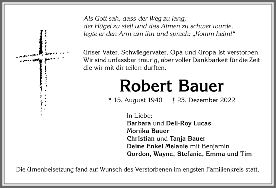 Traueranzeige von Robert Bauer von Allgäuer Zeitung, Kaufbeuren/Buchloe