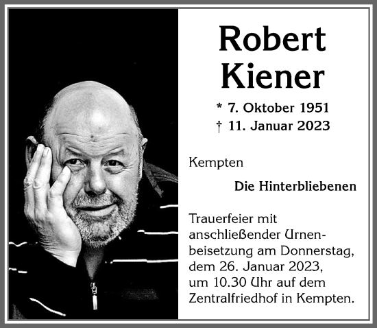 Traueranzeige von Robert Kiener von Allgäuer Zeitung,Kempten