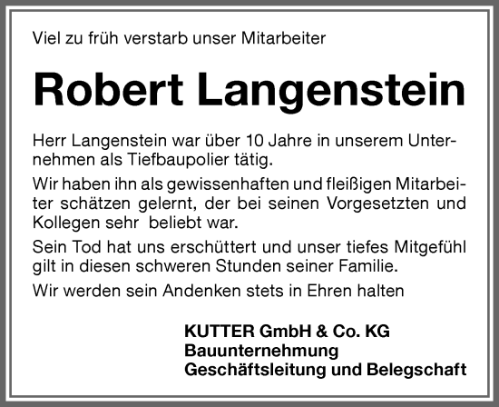 Traueranzeige von Robert Langenstein von Memminger Zeitung