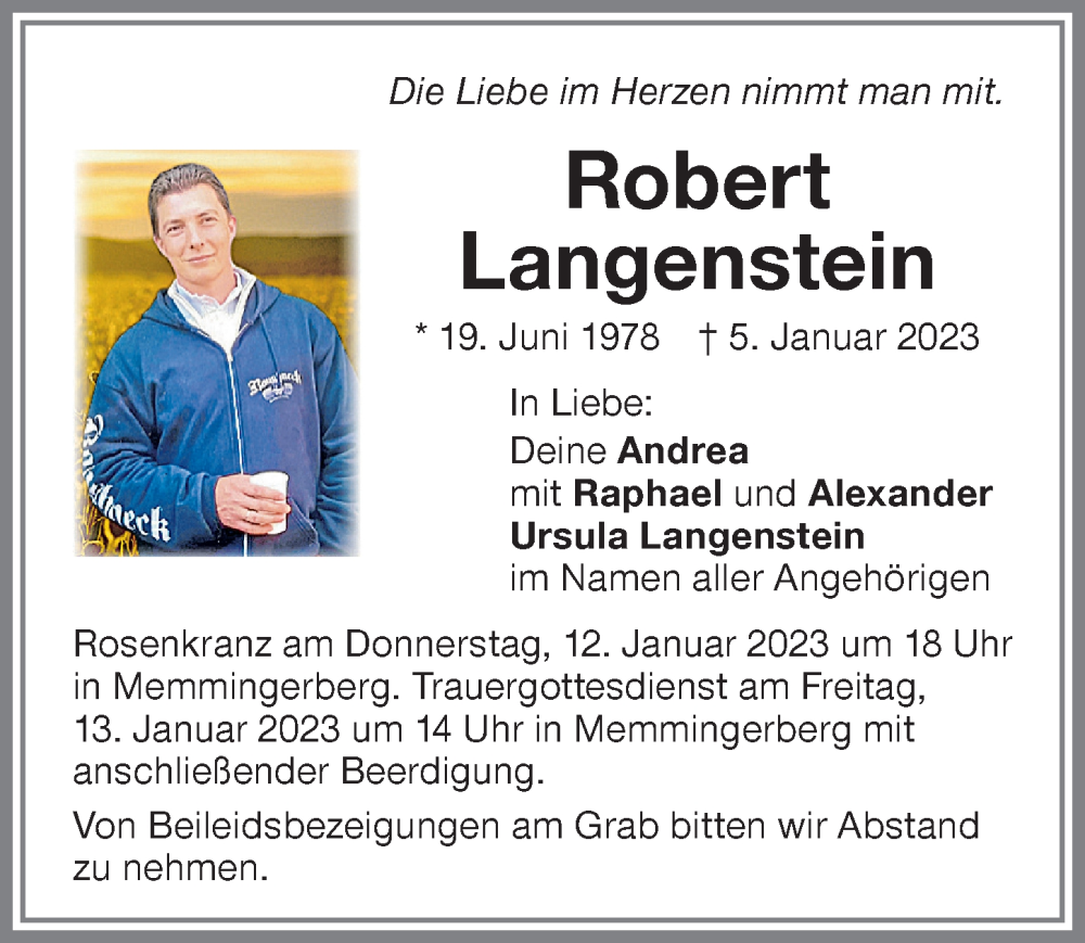  Traueranzeige für Robert Langenstein vom 10.01.2023 aus Memminger Zeitung