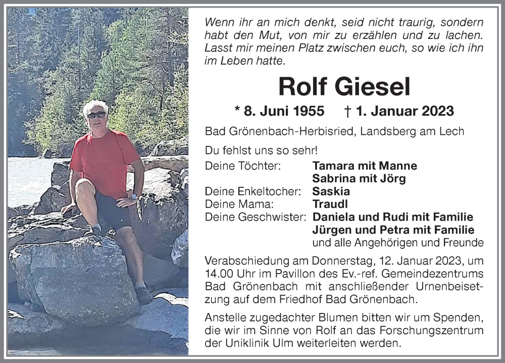  Traueranzeige für Rolf Giesel vom 07.01.2023 aus Memminger Zeitung