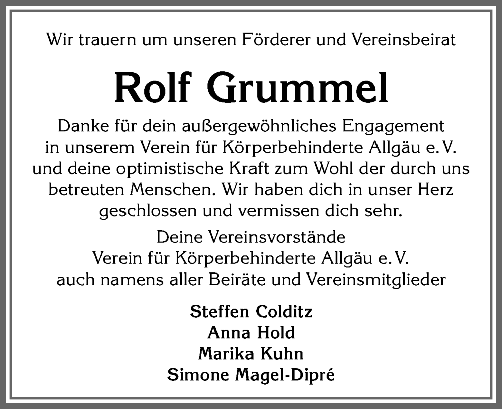  Traueranzeige für Rolf Grummel vom 20.01.2023 aus Allgäuer Zeitung,Kempten