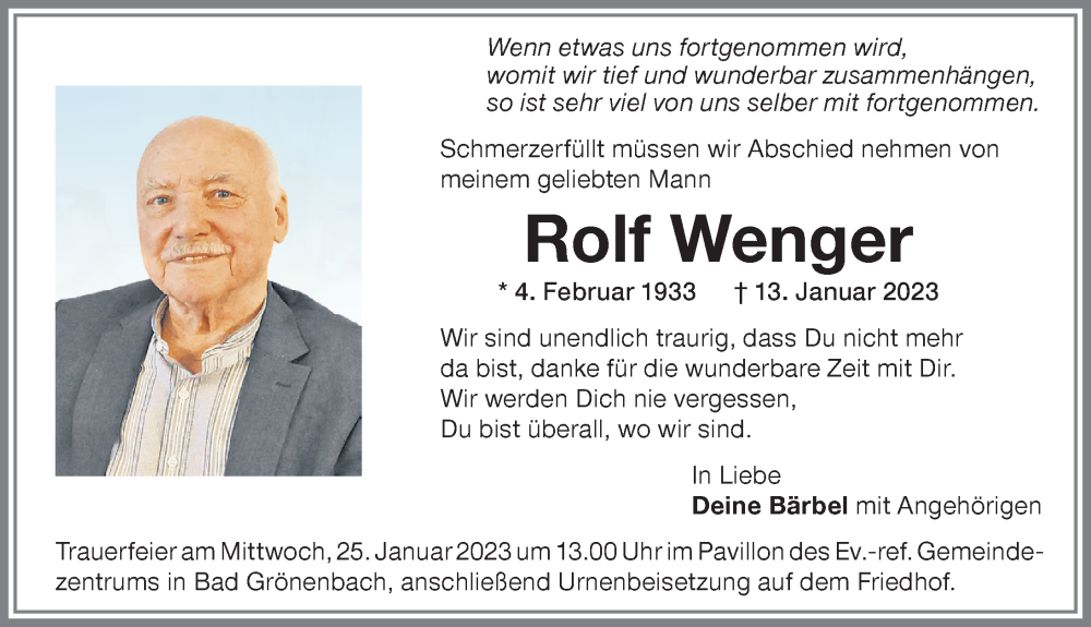  Traueranzeige für Rolf Wenger vom 21.01.2023 aus Memminger Zeitung