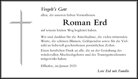 Traueranzeige von Roman Erd von Der Westallgäuer