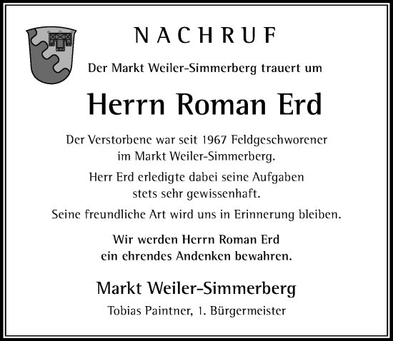 Traueranzeige von Roman Erd von Der Westallgäuer
